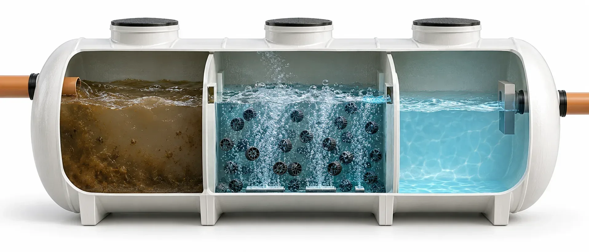 Coupe d’une micro-station : fosse toutes eaux, réacteur MBBR, clarificateur