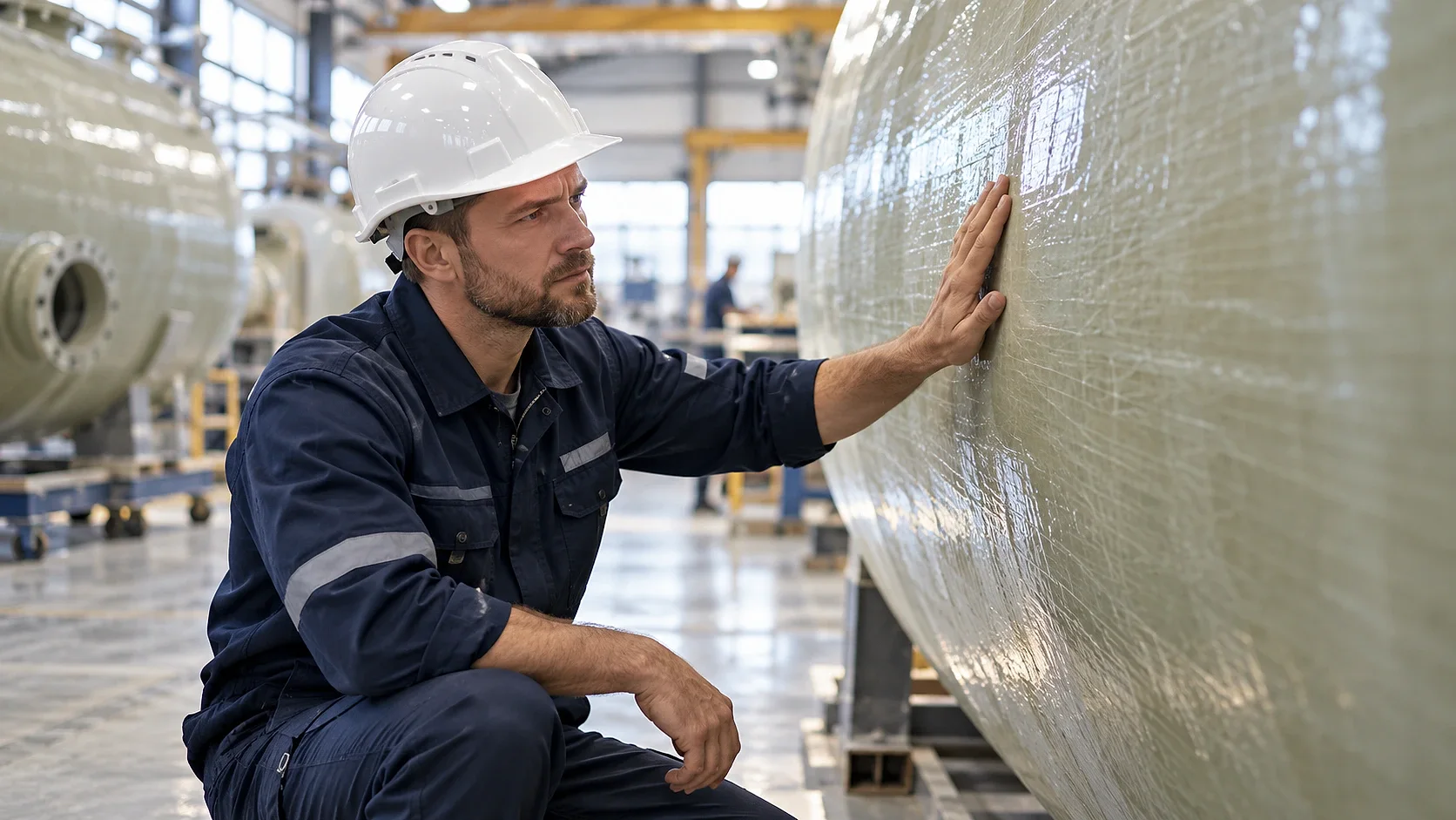 Technicien Genie Composite contrôlant la surface d’une cuve en PRV