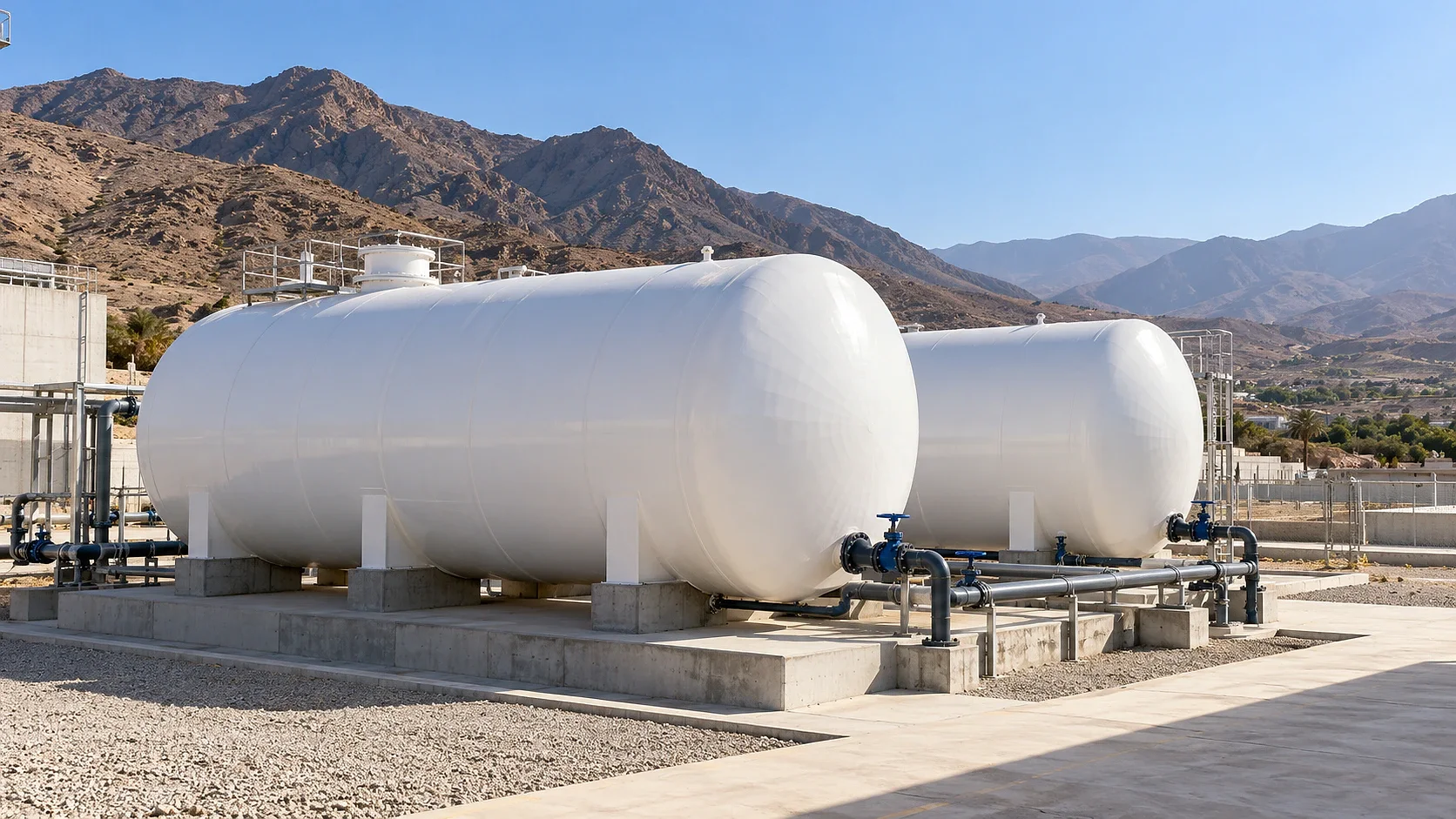 Citernes blanches Genie Composite sur un site industriel